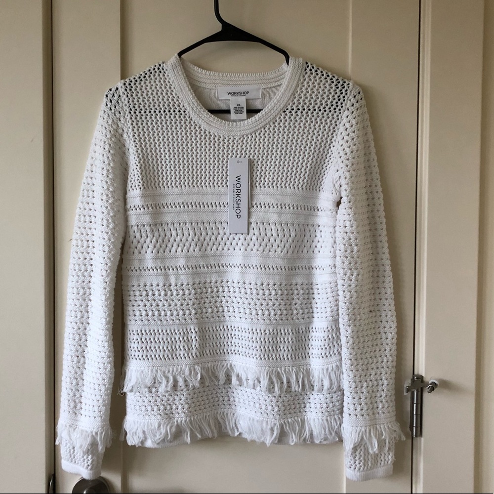 Workshop knit white sweater with fringe detail
